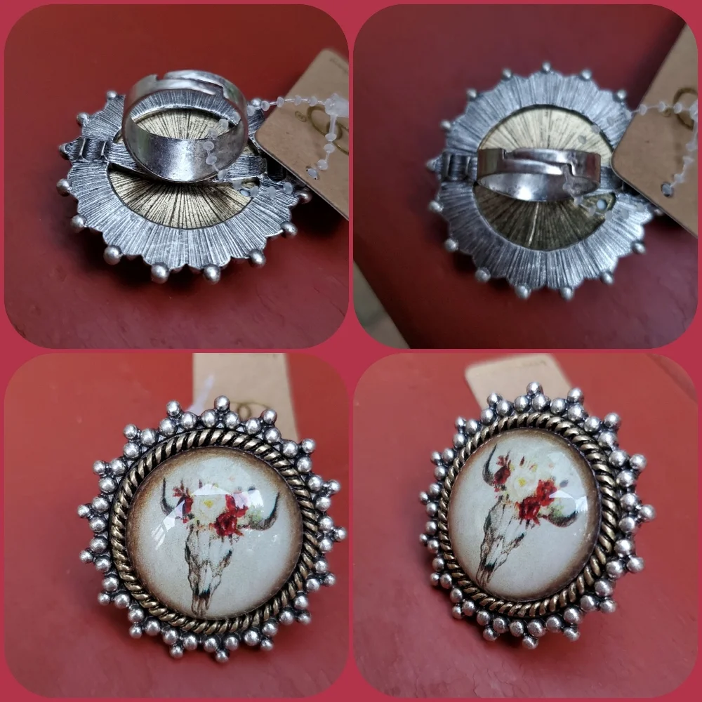 south western Cow Skull Steerhead Bubble Dome boho rustic Statement Ring  nwt